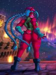  2022 3:4 anthro aurora_borealis beret black_boots black_clothing black_footwear blue_hair boots cammy_(street_fighter) clothing dracojeff felid female fingerless_gloves footwear fur gloves green_clothing green_eyes green_leotard hair hand_on_hip handwear hat headgear headwear leotard long_hair looking_back mammal night purple_stripes red_body red_fur solo standing stripes 