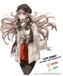 1girl alternate_costume bangs bear_hair_ornament black_headwear black_pantyhose brown_jacket brown_scarf brown_sweater collarbone commentary criis-chan cropped_legs danganronpa:_trigger_happy_havoc danganronpa_(series) english_commentary english_text enoshima_junko grey_eyes hair_ornament jacket like_and_retweet long_hair long_sleeves miniskirt multicolored_clothes multicolored_scarf nail_polish open_clothes open_jacket pantyhose parted_lips plaid plaid_scarf red_nails red_skirt scarf shiny shiny_hair simple_background skirt sleeves_past_wrists smile solo sweater sweater_tucked_in twintails twitter_strip_game twitter_username white_background 