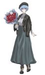  1girl absurdres ayanami_rei bangs black_headwear black_jacket blue_hair boots bouquet closed_mouth flower full_body grey_skirt grey_sweater hair_between_eyes happy_birthday hat high-waist_skirt high_heel_boots high_heels highres holding holding_bouquet jacket jin1225330 long_skirt long_sleeves looking_at_viewer nail_polish neon_genesis_evangelion open_clothes open_jacket red_eyes red_flower red_nails red_rose rose short_hair simple_background skirt solo standing sweater white_background 