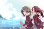  2girls :d absurdres bangs blue_eyes blush brown_hair closed_eyes floating_hair from_side hair_between_eyes highres jacket lens_flare long_hair long_sleeves love_live! love_live!_sunshine!! multiple_girls open_clothes open_jacket open_mouth red_hair red_jacket running sakurauchi_riko shiny shiny_hair shirt short_hair smile track_jacket upper_body watanabe_you white_shirt yuchi_(salmon-1000) 