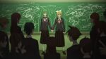  black_skirt blonde_hair blue_eyes bow bow_hairband cardigan chalkboard classroom commentary crowd frown green_eyes green_hair grey_cardigan gumi hair_bow hairband highres holding_hands indoors kagamine_rin long_skirt looking_at_another medium_hair neck_ribbon outline pleated_skirt red_ribbon ribbon school_uniform scribble short_hair sidelocks skirt vocaloid white_bow wounds404 yuri 
