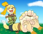  4_fingers 4_toes animal_crossing anthro barefoot bound canid canine canis disembodied_hand domestic_dog feet female fingers foot_fetish irkingir isabelle_(animal_crossing) laugh mammal nintendo soles tickle_torture tickling toes video_games 