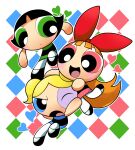  3girls absurdres argyle argyle_background black_hair blonde_hair blossom_(ppg) blue_eyes blue_heart bow bubbles_(ppg) buttercup_(ppg) cartoon_network closed_mouth commentary commentary_request diamond_(shape) dress female_child green_eyes hair_bow heart highres long_hair multiple_girls one_eye_closed open_mouth orange_hair pink_eyes pink_heart powerpuff_girls shoes short_hair simple_background smile twintails 