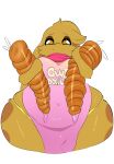  anthro belly big_belly breasts brown_body brown_fur brown_hair clothing curvy_figure dessert doughnut english_text female food fur girly hair hi_res holding_food holding_object huge_hips huge_thighs long_ears looking_at_viewer markings navel orange_body orange_eyes orange_fur pink_clothing ral raljoy slightly_chubby solo text thick_thighs tojol voluptuous white_clothing wide_hips 