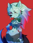  2022 anthro blue_eyes breasts canid canid_demon canine cleavage clothed clothing collar deep_navel demon female fur hair hellhound helluva_boss hi_res looking_at_viewer loona_(helluva_boss) mammal midriff navel onae piercing red_sclera simple_background small_waist solo spiked_collar spikes white_body white_fur white_hair wide_hips 