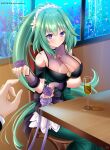  1girl alcohol artist_name blush breast_hold breasts champagne champagne_flute choujigen_game_neptune cleavage corsage cup dress drinking_glass fish_tank flower green_dress green_hair green_heart helvetica_std highres large_breasts long_hair looking_at_viewer neptune_(series) ponytail pov purple_eyes purple_flower purple_rose reaching_towards_viewer rose shin_jigen_game_neptune_vii smile very_long_hair 