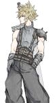  1boy armor baggy_pants bandaged_arm bandages belt blonde_hair blue_eyes buster_sword cloud_strife cowboy_shot earrings fe79793 final_fantasy final_fantasy_vii final_fantasy_vii_remake gloves grey_pants grey_shirt hand_in_pocket hand_on_hip highres jewelry looking_to_the_side male_focus multiple_belts pants profile shirt short_hair shoulder_armor single_bare_shoulder single_earring sleeveless sleeveless_turtleneck solo spiked_hair standing suspenders toned toned_male traditional_media turtleneck weapon weapon_on_back white_background 