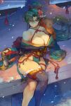 1girl bare_shoulders black_thighhighs breasts cleavage closed_mouth collarbone crossed_legs cutesexyrobutts fire_emblem fire_emblem:_the_blazing_blade flower fur-trimmed_kimono fur_trim green_eyes green_hair green_kimono hair_between_eyes hair_flower hair_ornament highres japanese_clothes katana kimono large_breasts long_hair looking_at_viewer lyn_(fire_emblem) patreon_username ponytail single_thighhigh sitting smile snow solo sword thighhighs thighs weapon 