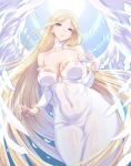  1girl angel angel_wings bare_shoulders blonde_hair blue_eyes breasts castlevania character_request choker cleavage covered_nipples detached_sleeves dress earrings feathers highres jewelry kous_(onetwojustice) long_hair looking_at_viewer solo strapless strapless_dress very_long_hair white_choker white_dress white_wings wings 