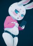  anthro blue_eyes blush breasts cellphone clothed clothing clothing_lift embarrassed female hi_res invalid_tag lagomorph leporid mammal moitasart nipples phone rabbit selfie smartphone solo underwear 