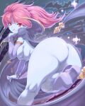 1girl ass blue_skin boots breasts cape castlevania colored_skin demon_girl detached_sleeves highres kneepits kous_(onetwojustice) legs long_hair looking_at_viewer looking_back monster_girl nude pink_hair red_eyes sideboob solo succubus_(castlevania) 