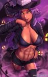 1girl abs absurdres black_shorts black_thighhighs blair_(soul_eater) blair_(soul_eater)_(cosplay) bleach breasts cosplay dark-skinned_female dark_skin fluffydus hat highres looking_at_viewer navel paw_pose purple_hair shihouin_yoruichi shorts sky solo soul_eater star_(sky) starry_sky thighhighs toned tongue tongue_out witch_hat 