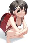  1girl absurdres backpack bag barefoot bikini black_bikini black_hair breasts breasts_apart crossed_arms expressionless highres idolmaster idolmaster_cinderella_girls looking_at_viewer randoseru red_bag sasaki_chie side-tie_bikini_bottom simple_background small_breasts solo squatting swimsuit tsunenorip white_background 