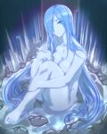  1girl blue_eyes blue_hair blue_skin breasts castlevania cleavage colored_skin completely_nude feet frozen_shade highres hugging_own_legs kous_(onetwojustice) long_hair looking_at_viewer nude solo toes very_long_hair 