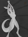  absurd_res anthro areola arms_above_head athletic athletic_female breasts ears_back eyes_closed female genitals greyscale hands_above_head hi_res kangaroo macropod mammal marsupial monochrome navel nude pivoted_ears pussy simple_background solo standing stretching vike_mike 