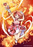  1girl :d arms_up bangs boots bow breasts buzz cleavage copyright dress dress_bow fire full_body glove_bow hair_bow head_tilt highres holding holding_wand knees_together_feet_apart legs_up magical_girl official_art outstretched_arm overskirt pink_dress pink_hair red_background red_bow red_eyes short_hair sleeveless sleeveless_dress smile solo swept_bangs wand white_footwear wixoss 