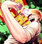  1boy bleeding_from_forehead blonde_hair blood blood_on_face blood_splatter chainsaw chainsaw_man collared_shirt denji_(chainsaw_man) highres hybrid open_mouth ripcord scratches sharp_teeth shirt short_hair sleeves_rolled_up solo spiked_hair stylized_blood teeth ten_ten_10_10 weapon white_shirt yellow_eyes 