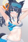  !? 1girl animal_ears armpits bangs bare_arms bare_shoulders black_hair blue_archive blue_eyes blush breasts cheerleader cleavage dog_ears dog_girl dog_tail goggles goggles_on_head halo hibiki_(blue_archive) hibiki_(cheerleader)_(blue_archive) highres long_hair looking_at_viewer medium_breasts mouth_hold navel official_alternate_costume on_ura358 simple_background star_sticker sticker_on_face stomach sweat tail upper_body yellow_halo 