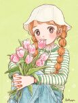  1girl black_eyes blue_pants blush braid bucket_hat casual commentary denim flower flower_to_mouth green_background green_shirt green_trim hand_on_own_knee hat highres holding holding_flower jeans leaf long_sleeves orange_hair original pants pink_flower pink_tulip shirt sitting solo spring_(season) striped striped_shirt symbol-only_commentary tokoyu tulip twin_braids two-tone_shirt white_headwear white_shirt yellow_background 