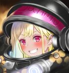  1girl blonde_hair blush cosplay grin helmet highres kitagawa_marin looking_at_viewer marine_(starcraft) marine_(starcraft)_(cosplay) pink_eyes smile sono_bisque_doll_wa_koi_wo_suru starcraft upper_body zeda_zoe 