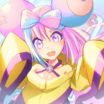  1girl bow-shaped_hair breasts character_hair_ornament cleavage hair_ornament iono_(pokemon) jacket long_hair low-tied_long_hair oversized_clothes pokemon pokemon_(game) pokemon_sv sharp_teeth sleeves_past_fingers sleeves_past_wrists solo teeth walkure x yellow_jacket 