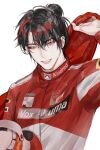  1boy alternate_costume black_hair character_name cheche98711466 english_commentary eyeshadow flag hair_behind_ear hair_bun highres holding holding_flag looking_at_viewer makeup male_focus multicolored_hair nijisanji nijisanji_en parted_lips racing_suit red_eyeshadow red_hair simple_background single_hair_bun smile solo streaked_hair upper_body virtual_youtuber vox_akuma white_background yellow_eyes 