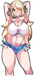  1girl absurdres alternate_costume arms_behind_head arms_up blonde_hair breasts cleavage cynthia_(pokemon) denim denim_shorts enpe grey_eyes hair_ornament hair_over_one_eye highres large_breasts long_hair micro_shorts navel pokemon pokemon_(game) pokemon_dppt shorts solo very_long_hair wavy_hair 