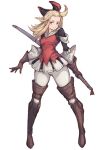  1girl ahoge blonde_hair blue_eyes boots bow bravely_default:_flying_fairy bravely_default_(series) breasts closed_mouth edea_lee full_body gloves hair_bow highres legs long_hair looking_at_viewer shouma_(bravespiritya) simple_background smile solo sword thighhighs weapon white_background 