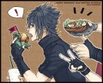 ! 4boys artist_name black_gloves black_hair black_jacket border bowl brown_background burger character_name cup dated disposable_cup eating final_fantasy final_fantasy_xv fingerless_gloves food gladiolus_amicitia gloves hair_between_eyes hair_slicked_back happy_birthday hardboiled_egg high_collar holding holding_bowl holding_cup holding_food ignis_scientia jacket looking_back lower_teeth male_focus multiple_boys noctis_lucis_caelum open_mouth out_of_frame partially_fingerless_gloves prompto_argentum salad_bowl short_hair short_sleeves solo_focus spiked_hair spoken_exclamation_mark teeth upper_body upper_teeth yui_(nightflight) 