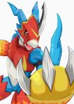  anthro armor athletic athletic_anthro athletic_male bandai_namco belt blue_body claws digimon digimon_(species) flamedramon hi_res horn male nukumorigakari red_eyes scalie small_waist solo 