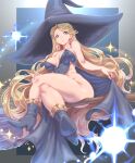 1girl black_dress blonde_hair blue_eyes boots breasts broom broom_riding castlevania cleavage crossed_legs curvy dress earrings hat highres jewelry kous_(onetwojustice) legs long_hair looking_at_viewer no_panties plump solo witch witch_(castlevania) witch_hat 