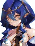  1girl bare_shoulders black_gloves blue_hair blue_hoodie candace_(genshin_impact) drill_hair drill_locks elf genshin_impact gloves hair_between_eyes highres hood hoodie looking_at_viewer parted_lips pointy_ears simple_background solo tamitami twin_drills white_background yellow_eyes 