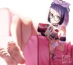  1girl bangs barefoot bikini blunt_bangs bob_cut bow character_request coke-bottle_glasses copyright_request feet foot_focus glasses hair_bow highres holding holding_magazine legs looking_at_viewer magazine_(object) nail_polish purple_hair short_hair side-tie_bikini_bottom simple_background sitting smile soles solo suryua swimsuit toe_scrunch toenail_polish toenails toes 