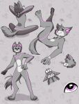  anthro canid canine canis digitigrade grey_body hi_res male mammal pose purple_eyes purple_stripes riley_sarazene smile smiling_at_viewer solaria_5 solo stripes wolf 
