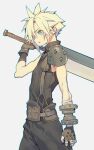  1boy absurdres aqua_eyes armor baggy_pants bandaged_arm bandages belt blonde_hair brown_gloves cloud_strife cowboy_shot earrings final_fantasy final_fantasy_vii gloves hair_between_eyes highres holding holding_sword holding_weapon jewelry looking_to_the_side male_focus over_shoulder pants short_hair shoulder_armor single_bare_shoulder single_earring sleeveless sleeveless_turtleneck solo spiked_hair suspenders sword toned toned_male tpqmsrp turtleneck weapon weapon_over_shoulder 