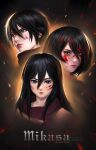  1girl absurdres age_progression aged_down artist_name black_hair blood blood_on_face bob_cut character_name closed_mouth dirty dirty_face embers female_child grey_eyes hair_between_eyes highres long_hair looking_at_viewer looking_to_the_side mattikarp mikasa_ackerman multiple_views portrait red_scarf scarf shingeki_no_kyojin short_hair upper_body 