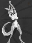  absurd_res anthro areola arms_above_head athletic athletic_female breasts ears_back eyes_closed female genitals greyscale hands_above_head hi_res kangaroo macropod mammal marsupial monochrome navel nude pivoted_ears pussy shaded simple_background solo standing stretching vike_mike 