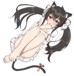  1girl :o aa211108 animal_ears bare_legs barefoot bell black_hair blush cat_ears cat_tail cushion dress extra_ears idolmaster idolmaster_cinderella_girls long_hair looking_at_viewer matoba_risa object_hug petticoat simple_background solo tail tail_bell tail_ornament toes twintails very_long_hair white_background white_dress 