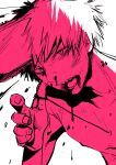  1boy blood blood_on_face chainsaw chainsaw_man denji_(chainsaw_man) highres looking_at_viewer monochrome nosebleed open_mouth pink_theme ripcord sharp_teeth short_hair simple_background solo spot_color string_pull teeth ten_ten_10_10 white_background 
