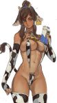  1girl animal_ears animal_print avatar_(series) bell blue_eyes breasts brown_hair closed_mouth cow_ears cow_horns cow_print cow_tail cowbell dark-skinned_female dark_skin elbow_gloves fingerless_gloves gloves hair_tubes highres horns korra large_breasts milk mossacannibalis navel print_gloves print_thighhighs simple_background solo tail the_legend_of_korra white_background 