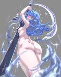  1girl armpits ass blue_hair breasts castlevania from_below grey_background highres holding holding_sword holding_weapon huge_weapon kous_(onetwojustice) long_hair looking_at_viewer looking_back medium_breasts nude purple_eyes sideboob simple_background solo sword valkyrie_(castlevania) weapon 
