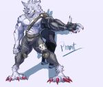  abs anthro bandai_namco canid canine claws digimon digimon_(species) duo fur human male mammal muscular muscular_anthro muscular_male nipples pecs pink_claws pinumontbalou scar sharp_claws size_difference striped_body striped_fur stripes weregarurumon 