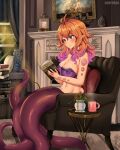 1girl antenna_hair armchair blue_eyes blush body_markings book breasts chair cleavage closed_mouth cup highres holding holding_book indoors monster_girl monster_girl_encyclopedia noiretox open_book orange_hair pile_of_books plant purple_hair scylla scylla_(monster_girl_encyclopedia) sitting solo suction_cups tentacles vase window 