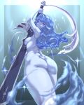  1girl armpits ass blue_hair blue_skin breasts castlevania colored_skin from_below highres holding holding_sword holding_weapon huge_weapon kous_(onetwojustice) long_hair looking_at_viewer looking_back medium_breasts nude purple_eyes sideboob solo sword valkyrie_(castlevania) weapon 