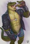  abs anthro beverage bottle clothed clothing dinosaur drinking fingerless_gloves genitals gloves green_body green_scales handwear hi_res jacket leather leather_clothing leather_jacket leather_topwear lion21 male muscular muscular_anthro muscular_male nipples open_clothing open_jacket open_mouth open_topwear pecs penis penis_base pulling_underwear reptile scales scalie sharp_teeth simple_background solo spiked_gloves spiked_jacket spikes teeth theropod topwear tyrannosaurid tyrannosaurus tyrannosaurus_rex 