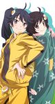  2girls ahoge araragi_karen araragi_tsukihi black_eyes black_hair breasts closed_mouth egg_(food) egg_hair_ornament food food-themed_hair_ornament fried_egg hair_ornament hata_koyomin highres hood jacket long_hair looking_at_viewer monogatari_(series) multiple_girls short_hair siblings side_ponytail sisters smile track_jacket 