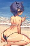  1girl animal_ears ass beach bikini black_bikini blue_eyes blue_hair breasts day domino_mask from_behind highres indie_virtual_youtuber kaptivate looking_at_viewer looking_back mask medium_breasts ocean outdoors raccoon raccoon_ears raccoon_girl sand shiny shiny_hair shiny_skin short_hair sitting smile snuffy_(vtuber) solo swimsuit tan tanlines v virtual_youtuber water 