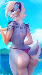  anthro bikini blue_body blue_fur breasts butt canid canine canis clothed clothing day domestic_dog female floppy_ears fur hair heart_(marking) hi_res looking_back mammal mountain outside partially_clothed rear_view sky smile solo swimwear veliren_rey water white_body white_fur white_hair 