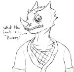  ambiguous_gender anthro chameleon dialogue english_text facial_horn half-closed_eyes headshot_portrait hi_res horn lizard looking_at_viewer monochrome narrowed_eyes nrool portrait reptile scalie sharp_teeth sketch solo spikes spikes_(anatomy) squint talking_to_viewer teeth text 