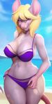  absurd_res anthro beach big_breasts bikini blonde_hair breasts cleavage clothed clothing cloud day female hair hi_res looking_at_viewer mammal midriff mouse murid murine navel outside purple_eyes rodent sand sea seaside sky smile solo swimwear veliren_rey water wide_hips 